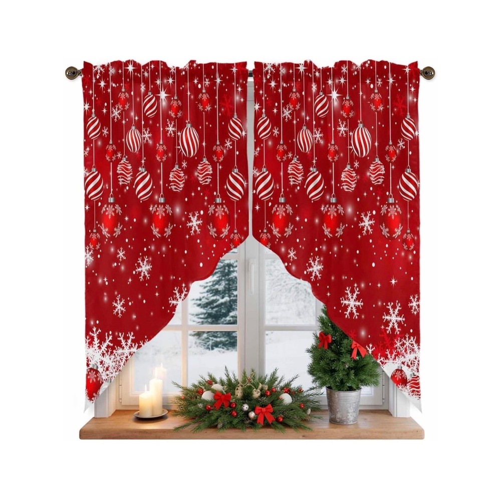 Christmas Swag Curtain Valance Set Red Holiday Ornaments Snowflakes 2 Piece